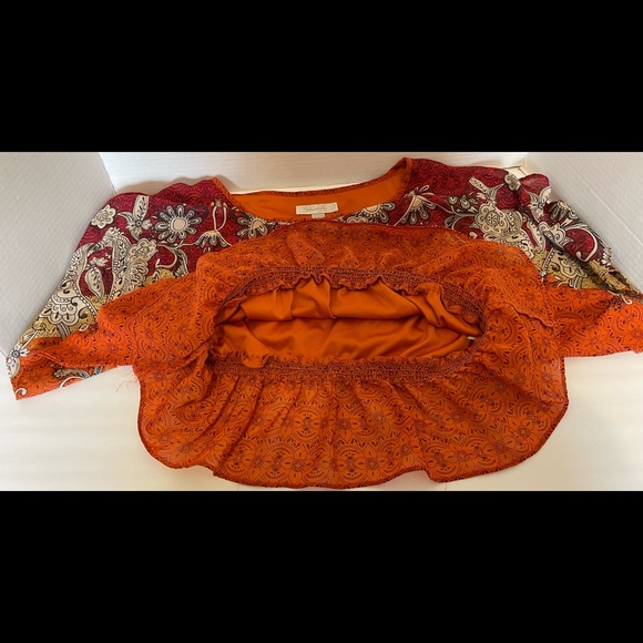 Dressbarn Ladies Orange Floral Blouson Blouse Gathered Elastic Waist Size Small - Picture 9 of 13